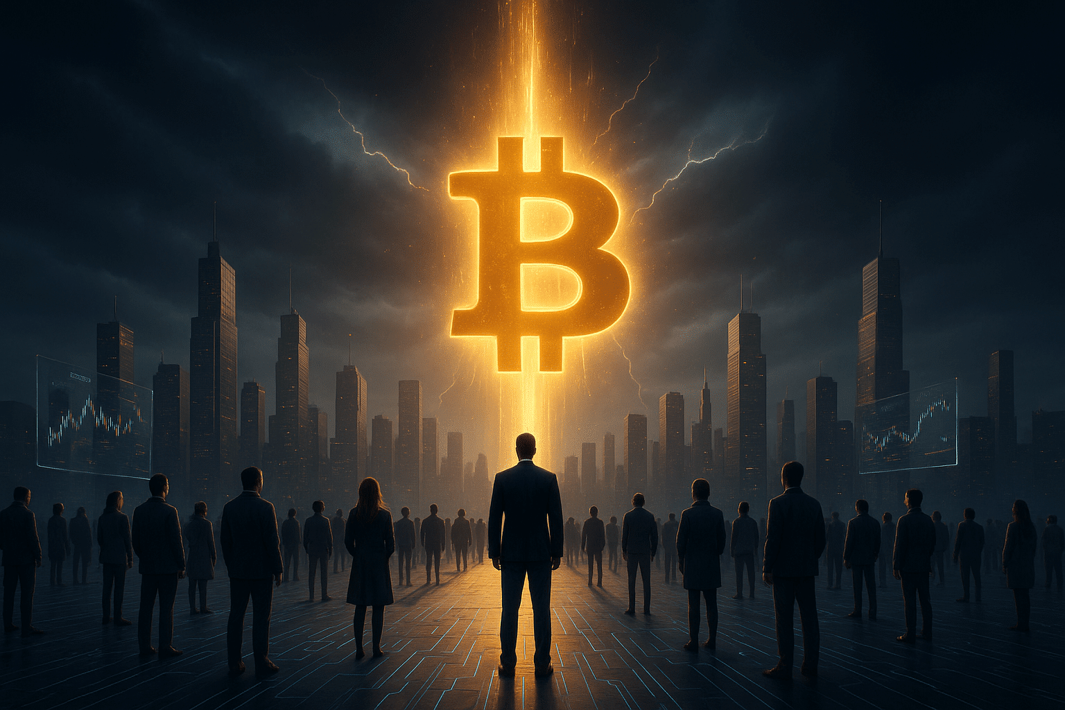 Eine hyperrealistische Szene zeigt mehrere Menschen auf einer erhöhten Plattform über einer futuristischen Stadt. Ein gewaltiges, leuchtendes Bitcoin-Symbol steigt wie eine Energielanze aus den Wolken empor und dominiert die gesamte Skyline. Blitze und Lichtstrahlen brechen durch den dunklen Himmel, während holografische Bildschirme und digitale Muster auf dem Boden die technologische Atmosphäre verstärken. Die Figuren blicken nach vorn, als würden sie Zeugen eines monumentalen Moments in der Geschichte der digitalen Finanzwelt.