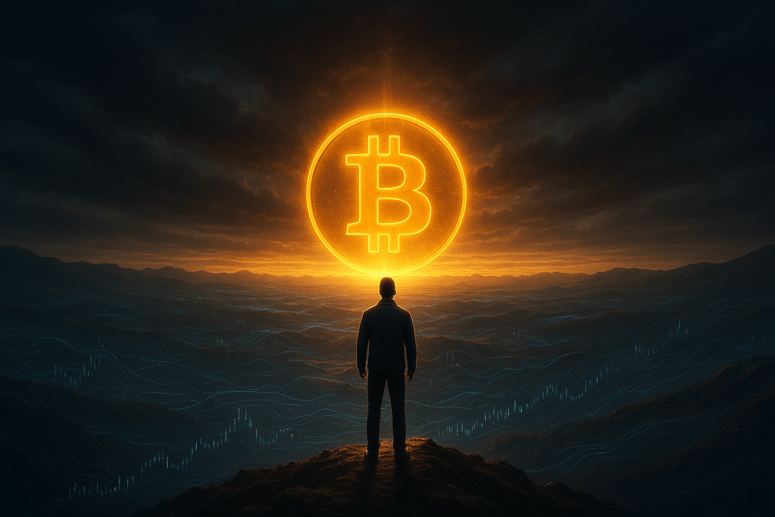 Person steht auf einem Felsgrat und blickt über ein digitales Tal, in dem ein riesiges leuchtendes Bitcoin-Symbol am Horizont aufsteigt, umgeben von dramatischen Wolken und futurischen Chartlinien.