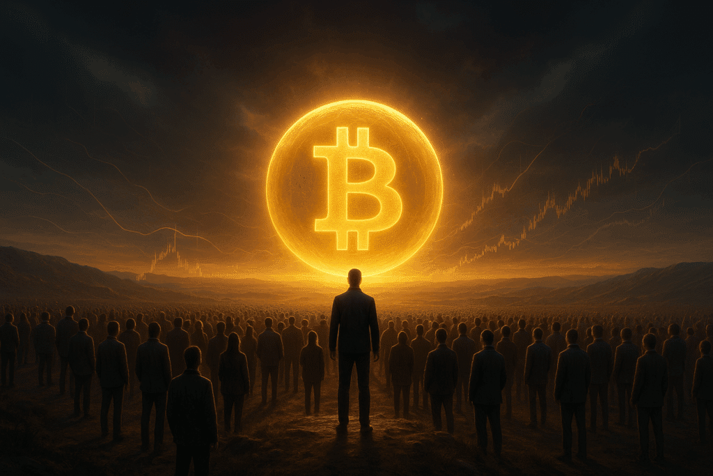 Eine hyperrealistische Landschaft mit hunderten Menschen, die auf einem Plateau stehen und einer riesigen, golden leuchtenden Bitcoin-Sphäre am Horizont entgegenblicken. Der Himmel ist dramatisch, das Licht warm, mit dezenten Finanzkurven, die durch die Luft schweben.