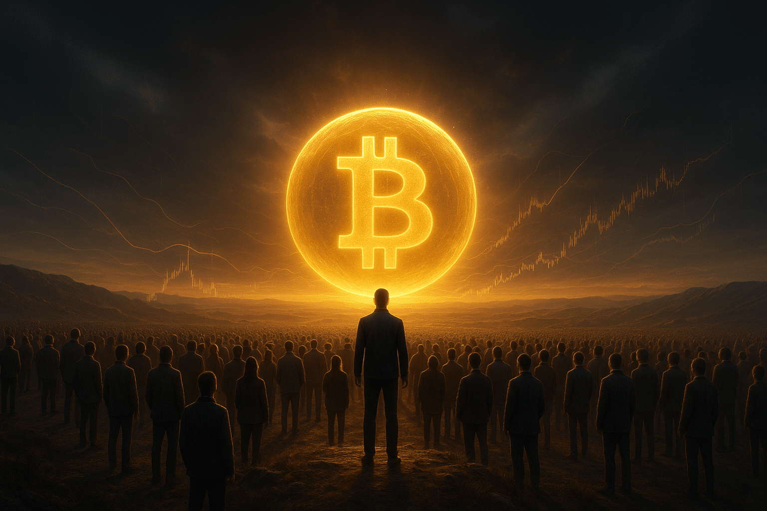 Eine hyperrealistische Landschaft mit hunderten Menschen, die auf einem Plateau stehen und einer riesigen, golden leuchtenden Bitcoin-Sphäre am Horizont entgegenblicken. Der Himmel ist dramatisch, das Licht warm, mit dezenten Finanzkurven, die durch die Luft schweben.