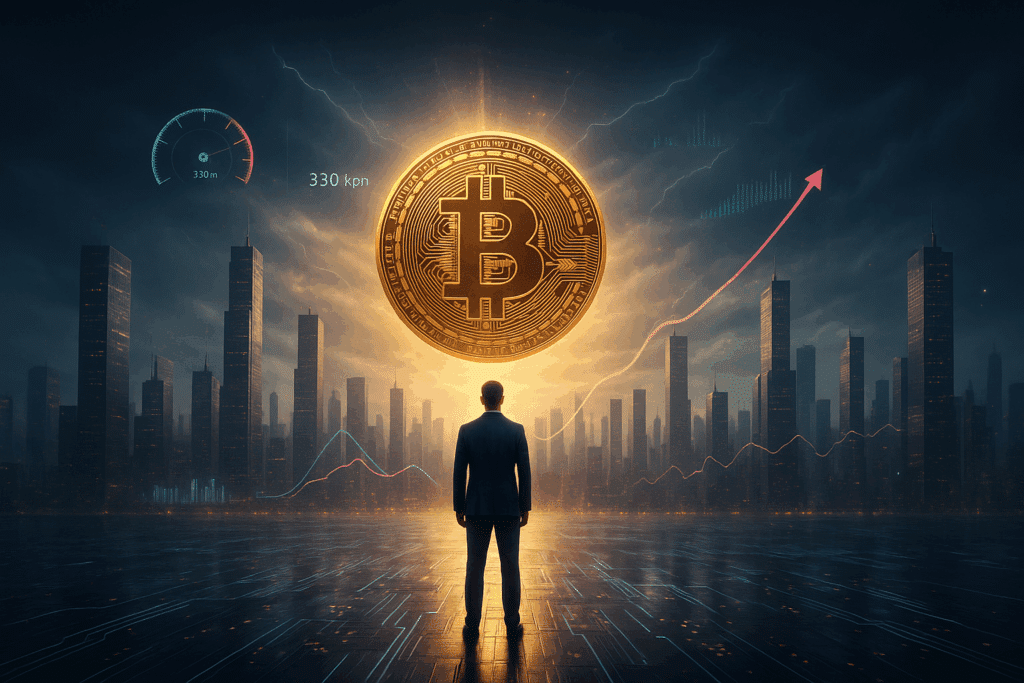 Eine weitwinklige futuristische Stadtlandschaft mit einer Person im Anzug im Vordergrund, die zu einer hoch aufragenden Skyline blickt. Über der Stadt schwebt ein großes, goldenes Bitcoin-Symbol, umgeben von digitalen Charts und leuchtenden Marktlinien. Digitale Strukturen verlaufen über den Boden, und der Himmel wirkt energiegeladen und dramatisch.