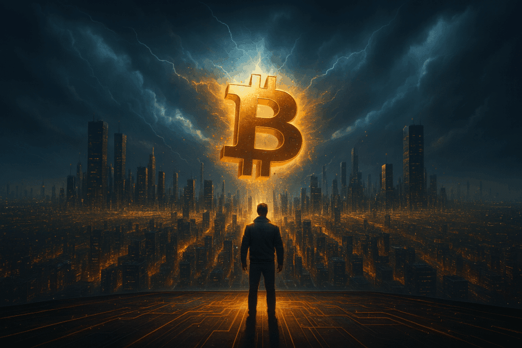 Person steht auf einer futuristischen Plattform und blickt auf eine weitläufige Megacity, über der ein großes, golden leuchtendes Bitcoin Symbol im dramatischen Himmel schwebt.