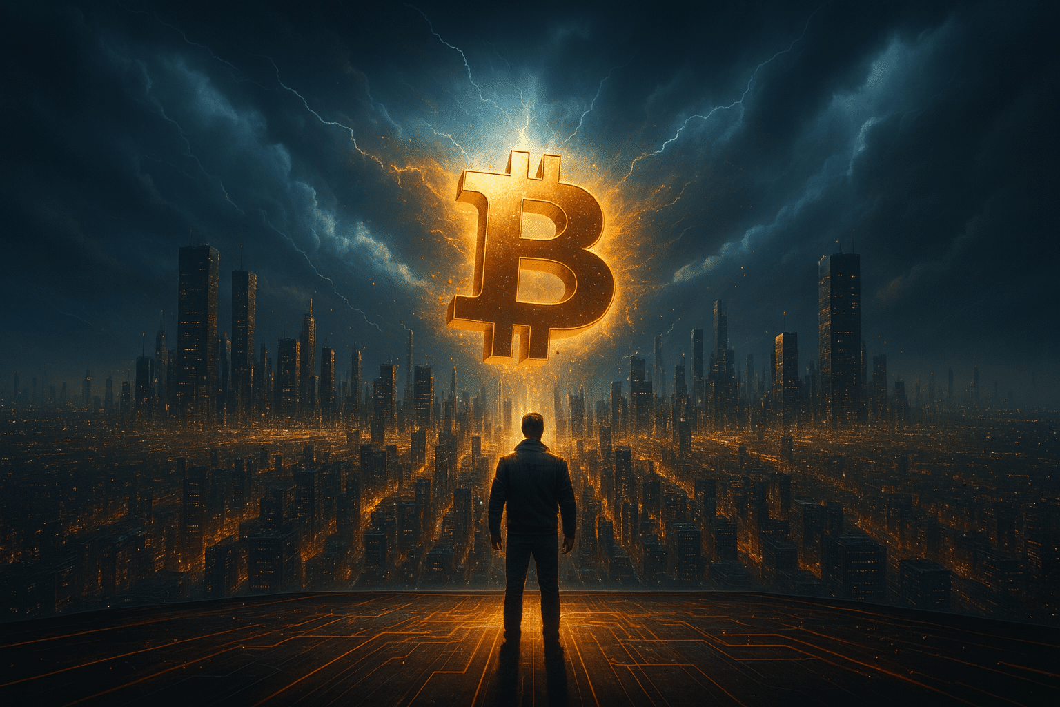 Person steht auf einer futuristischen Plattform und blickt auf eine weitläufige Megacity, über der ein großes, golden leuchtendes Bitcoin Symbol im dramatischen Himmel schwebt.