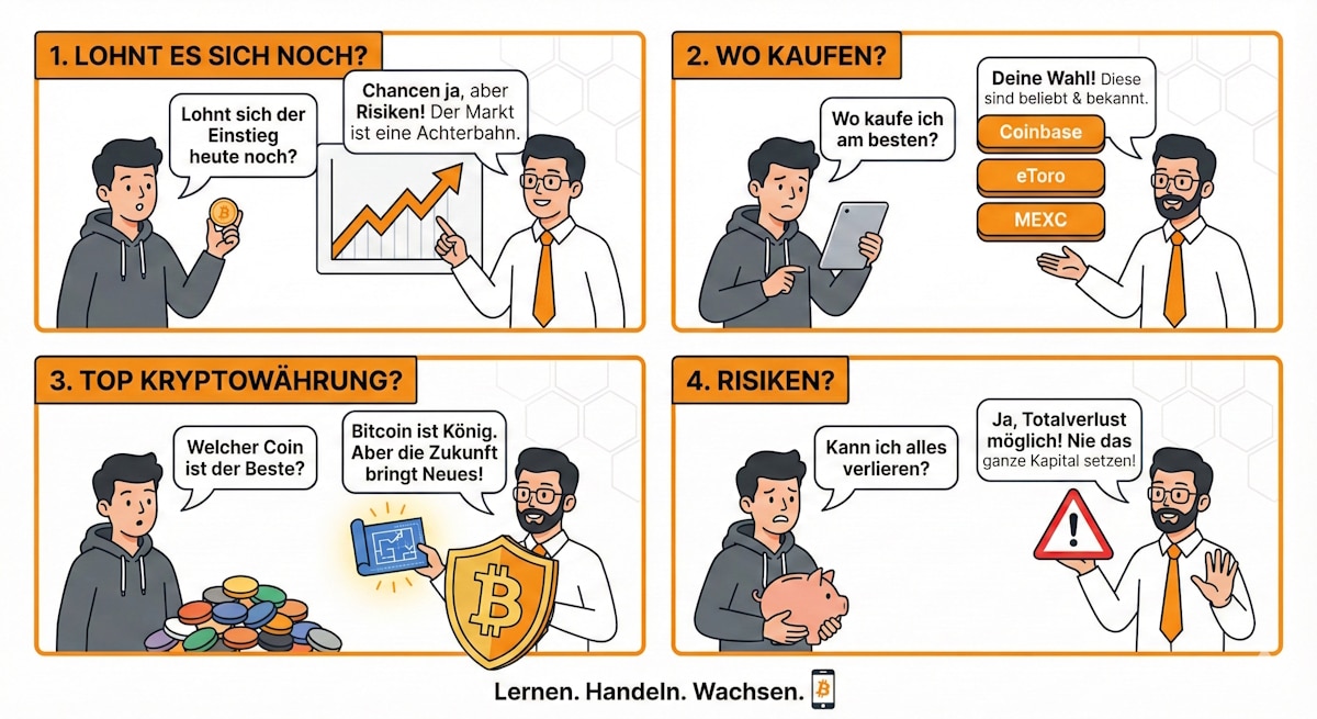 Vier-Panel-Comic im Kryptoszene-Stil, in dem ein Experte einem Anfänger Fragen zu Zeitpunkt, Handelsplattformen, der besten Kryptowährung und den Risiken (Totalverlust) beim Krypto-Kauf beantwortet.