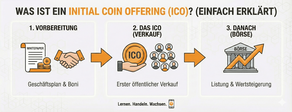 Dreistufige Infografik, die den vereinfachten Ablauf eines ICOs darstellt: von der Vorbereitung (Whitepaper, Geschäftsplan) über den ersten öffentlichen Verkauf bis hin zur Börsenlistung und potenziellen Wertsteigerung.