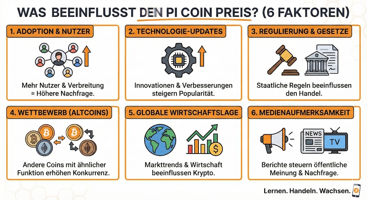 Infografik die sechs Schlüsselfaktoren darstellt: Adoption & Nutzer, Technologie-Updates, Regulierung & Gesetze, Wettbewerb (Altcoins), Globale Wirtschaftslage und Medienaufmerksamkeit.