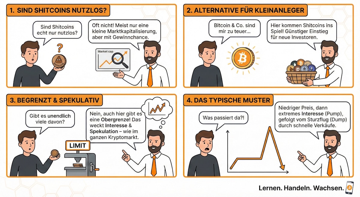 Ein Vier-Panel-Comic im Kryptoszene-Stil, der erklärt, was Shitcoins sind. Er beleuchtet die Debatte um ihre Nützlichkeit, ihre Rolle als günstige Alternative für Kleinanleger, die begrenzten Stückzahlen und das typische "Pump and Dump"-Preismuster.