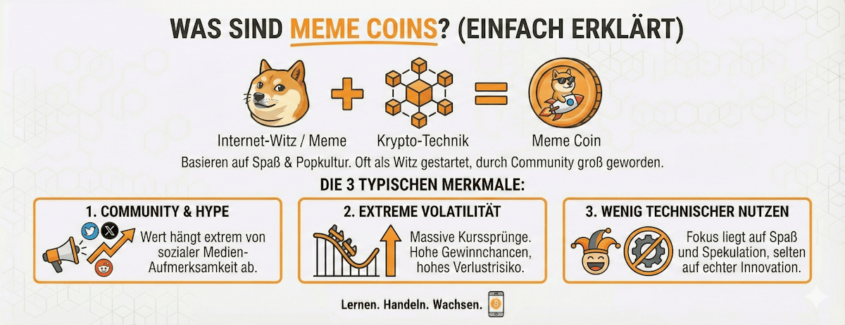 Infografik, die Meme Coins einfach als Kombination aus Internet-Witz und Krypto-Technik erklärt.
