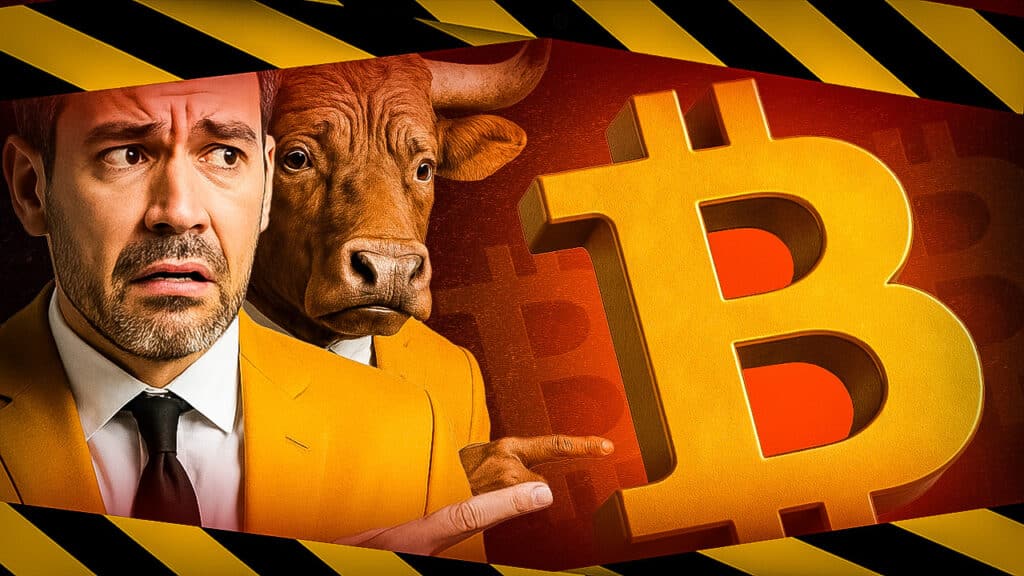 Ein Mann im gelben Anzug blickt besorgt zur Seite, während hinter ihm ein Stier – Symbol für einen „Bull Market“ – auf ein großes Bitcoin-Symbol zeigt. Gelb-schwarze Warnstreifen rahmen das Bild ein und deuten auf eine angespannte oder riskante Marktsituation hin.