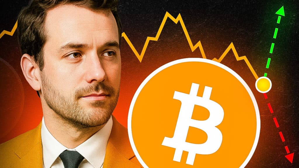 Ein Mann in gelbem Anzug blickt nachdenklich zur Seite. Neben ihm ist ein großes Bitcoin-Symbol zu sehen, im Hintergrund verläuft eine gelbe Kurslinie, die in eine gestrichelte Linie übergeht – grün aufwärts und rot abwärts. Das Motiv symbolisiert die Unsicherheit über die nächste Bewegung des Bitcoin-Kurses.