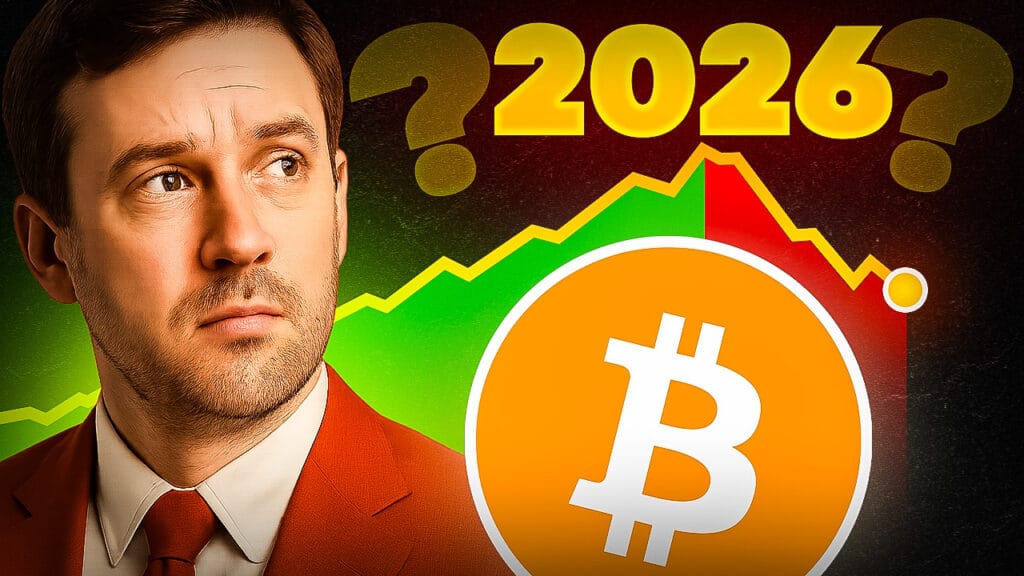 Ein nachdenklich blickender Mann in rotem Anzug steht vor einem großen Bitcoin-Symbol. Im Hintergrund ist eine grün-rote Kurslinie zu sehen, die an einen möglichen Auf- und Abschwung erinnert. Darüber steht die leuchtende Zahl „2026?“ – Symbol für Spekulationen über die Zukunft des Bitcoin-Marktes.