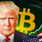 Ein älterer Mann mit blondem Haar in einem dunklen Anzug steht ernst vor einem Hintergrund mit goldenen Bitcoin-Symbolen, einem steigenden grünen Kursdiagramm und einer wehenden US-Flagge. Das Bild verbindet die Themen Politik, Wirtschaft und Kryptowährungen.