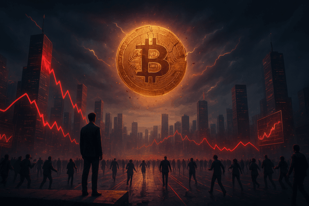Futuristische Stadt in Panik, Menschen fliehen unter fallenden Kursgrafiken, während ein riesiges beschädigtes Bitcoin-Symbol bedrohlich am Himmel schwebt.