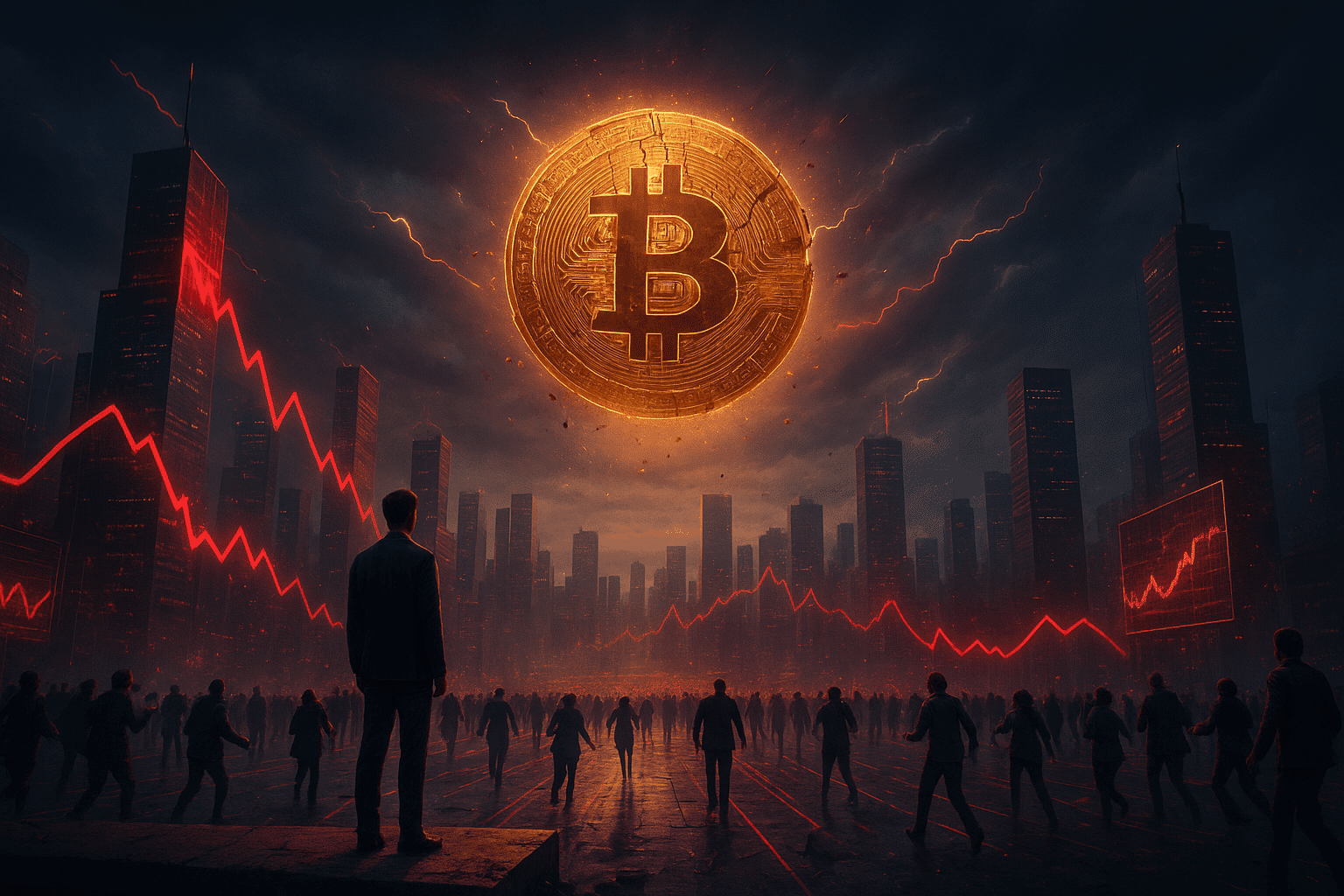 Futuristische Stadt in Panik, Menschen fliehen unter fallenden Kursgrafiken, während ein riesiges beschädigtes Bitcoin-Symbol bedrohlich am Himmel schwebt.