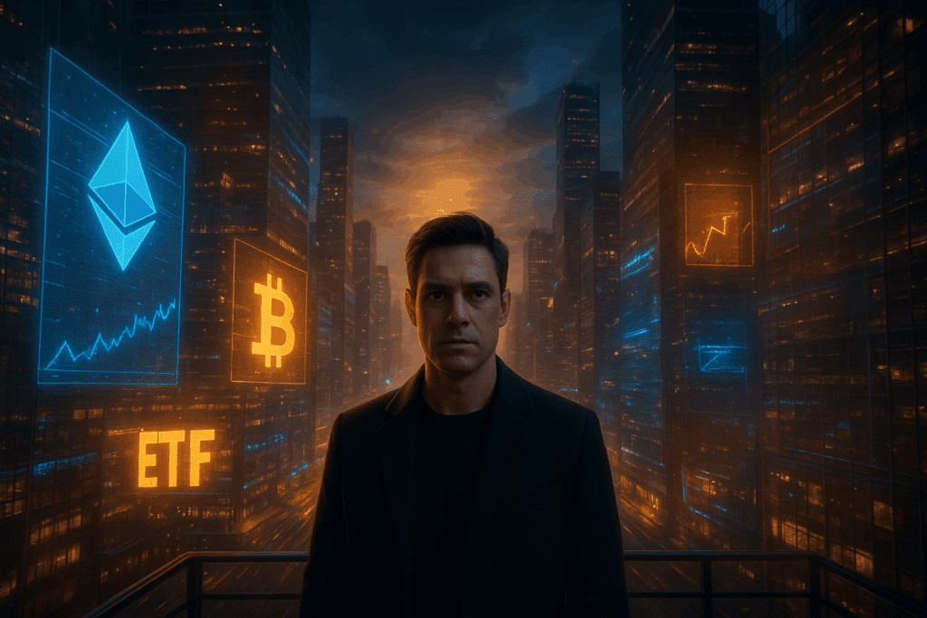 Hyperrealistische nächtliche Stadtlandschaft im Finanzdistrikt; eine Person steht im Vordergrund und blickt direkt in die Kamera, während leuchtende Ethereum- und Bitcoin-Hologramme sowie ETF-Signale auf den umliegenden Wolkenkratzern erscheinen.