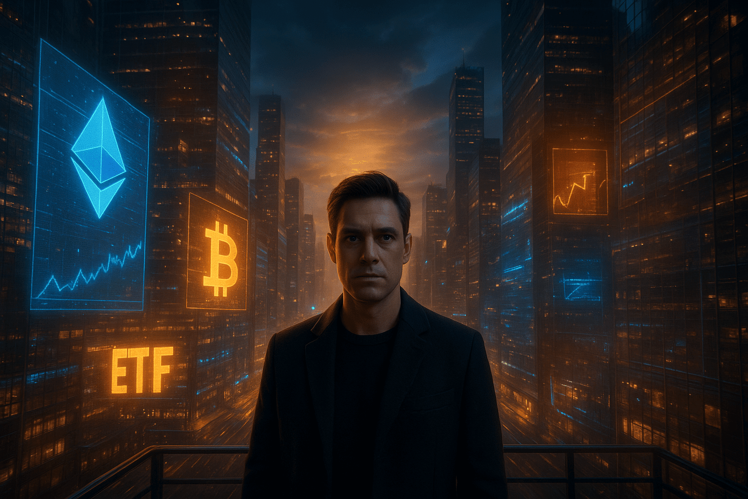 Hyperrealistische nächtliche Stadtlandschaft im Finanzdistrikt; eine Person steht im Vordergrund und blickt direkt in die Kamera, während leuchtende Ethereum- und Bitcoin-Hologramme sowie ETF-Signale auf den umliegenden Wolkenkratzern erscheinen.