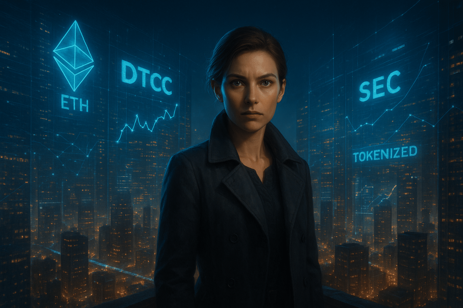 Hyperrealistische nächtliche Zukunftsstadt mit holografischen Börsendaten, tokenisierten Wertpapieren und einer Person im Vordergrund, die direkt in die Kamera blickt, während digitale Lichtströme über die Skyline fließen.