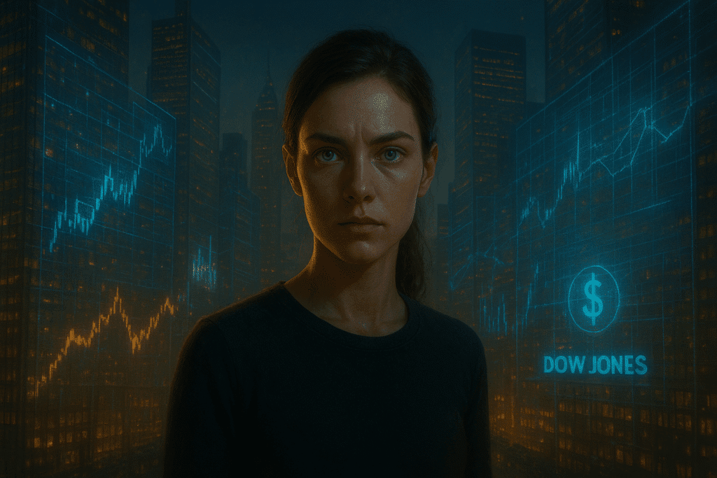 Hyperrealistische Szene einer Frau mit ernstem Blick im Vordergrund, vor einer nächtlichen Wall-Street-ähnlichen Skyline. Um sie herum schweben holografische Börsencharts, Dollar Symbole und digitale Finanzdaten, die moderne Kapitalmärkte und reale Vermögenswerte symbolisieren.