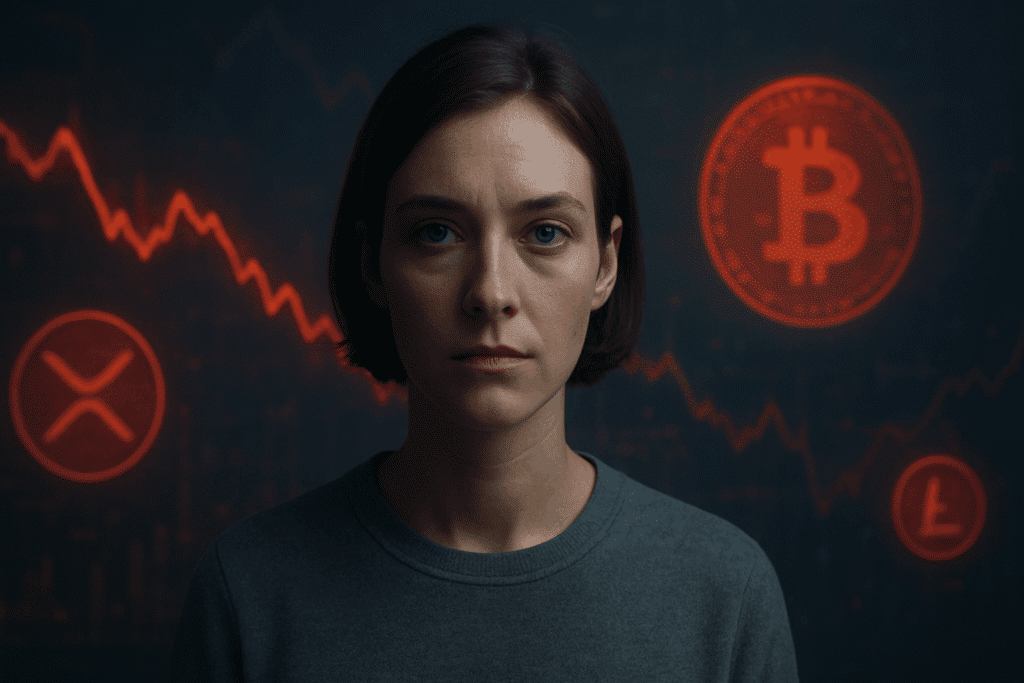 Hyperrealistische Szene mit einer nachdenklichen Person im Vordergrund, die direkt in die Kamera blickt. Hinter ihr fallen rote Krypto-Kurslinien stark ab, umgeben von leuchtenden Bitcoin-, Ethereum- und Altcoin-Symbolen, die Verluste und Marktpanik visualisieren.