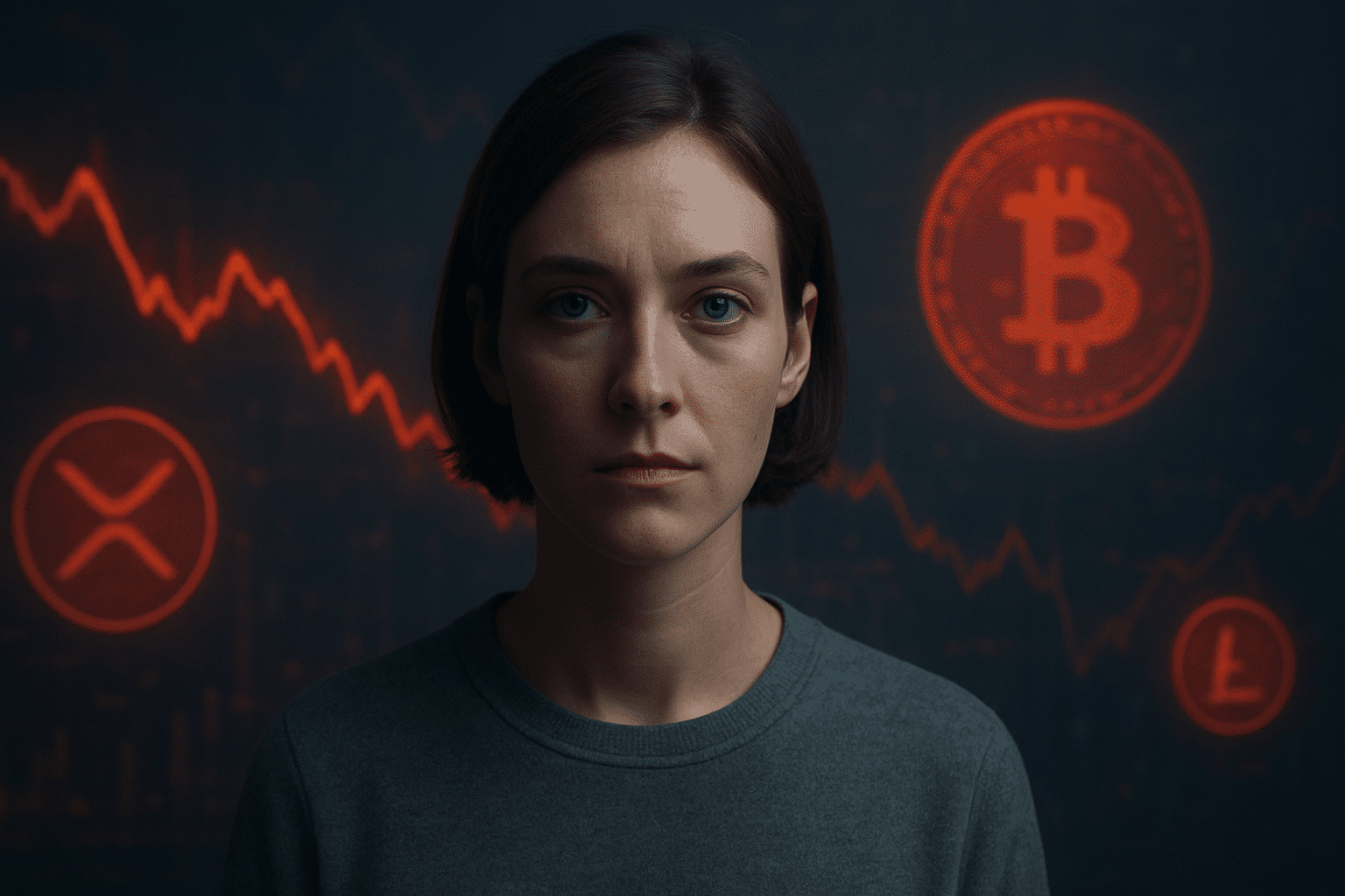 Hyperrealistische Szene mit einer nachdenklichen Person im Vordergrund, die direkt in die Kamera blickt. Hinter ihr fallen rote Krypto-Kurslinien stark ab, umgeben von leuchtenden Bitcoin-, Ethereum- und Altcoin-Symbolen, die Verluste und Marktpanik visualisieren.