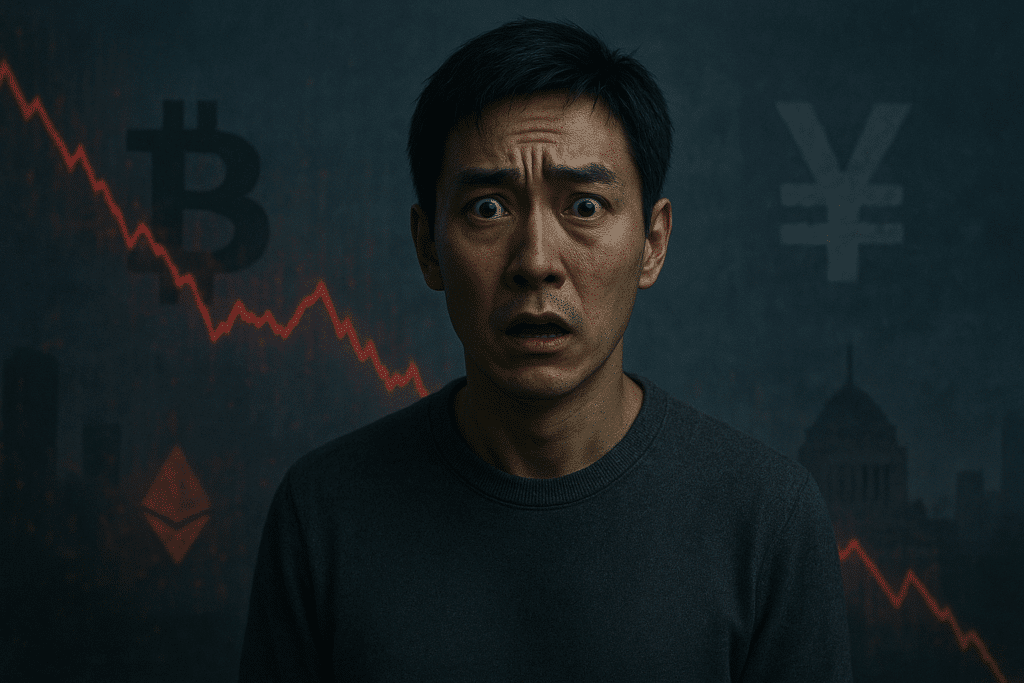 Hyperrealistisches Porträt eines angespannten Mannes mit schockiertem Blick vor dunklem Hintergrund, überlagert von fallenden roten Krypto-Kurslinien, Bitcoin- und Ethereum-Symbolen sowie einem dezenten Yen-Zeichen, das eine globale Finanzkrise andeutet.