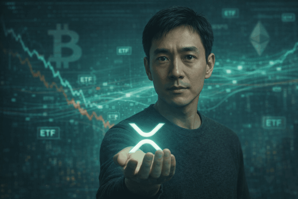 Hyperrealistische Darstellung einer Person mit ruhigem, selbstbewusstem Blick, die ein leuchtendes XRP-Symbol in der Hand hält, vor einer digitalen Finanzkulisse mit fallenden Bitcoin- und Ethereum-Charts, kühlem Licht und futurischer Marktstimmung.
