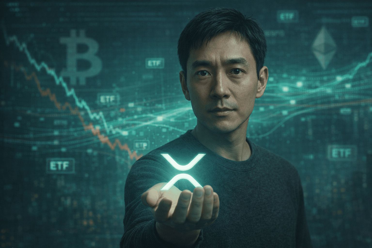 Hyperrealistische Darstellung einer Person mit ruhigem, selbstbewusstem Blick, die ein leuchtendes XRP-Symbol in der Hand hält, vor einer digitalen Finanzkulisse mit fallenden Bitcoin- und Ethereum-Charts, kühlem Licht und futurischer Marktstimmung.