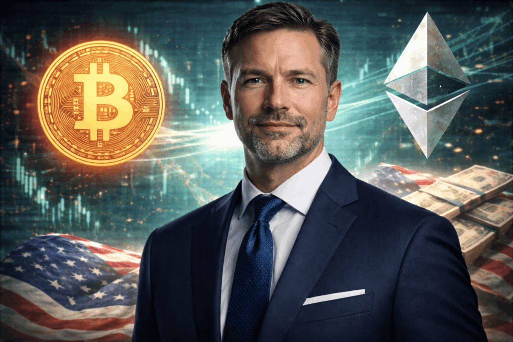 Nahaufnahme eines selbstbewussten US-Managers im Anzug vor einem Hintergrund aus Bitcoin- und Ethereum-Symbolen, digitalen Finanzdaten und US-Dollar-Elementen, die institutionelle Beteiligung am Kryptomarkt symbolisieren.
