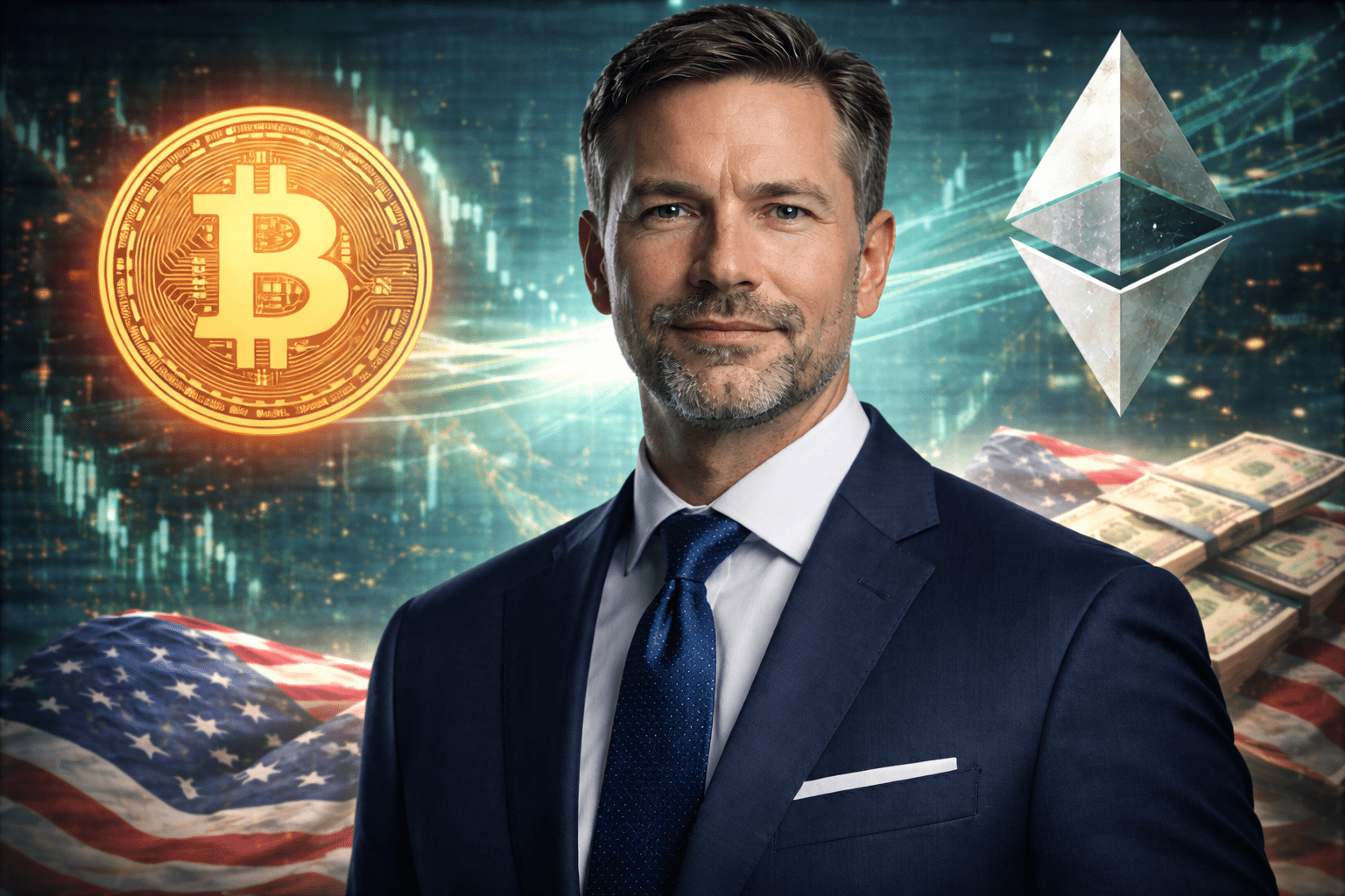 Nahaufnahme eines selbstbewussten US-Managers im Anzug vor einem Hintergrund aus Bitcoin- und Ethereum-Symbolen, digitalen Finanzdaten und US-Dollar-Elementen, die institutionelle Beteiligung am Kryptomarkt symbolisieren.
