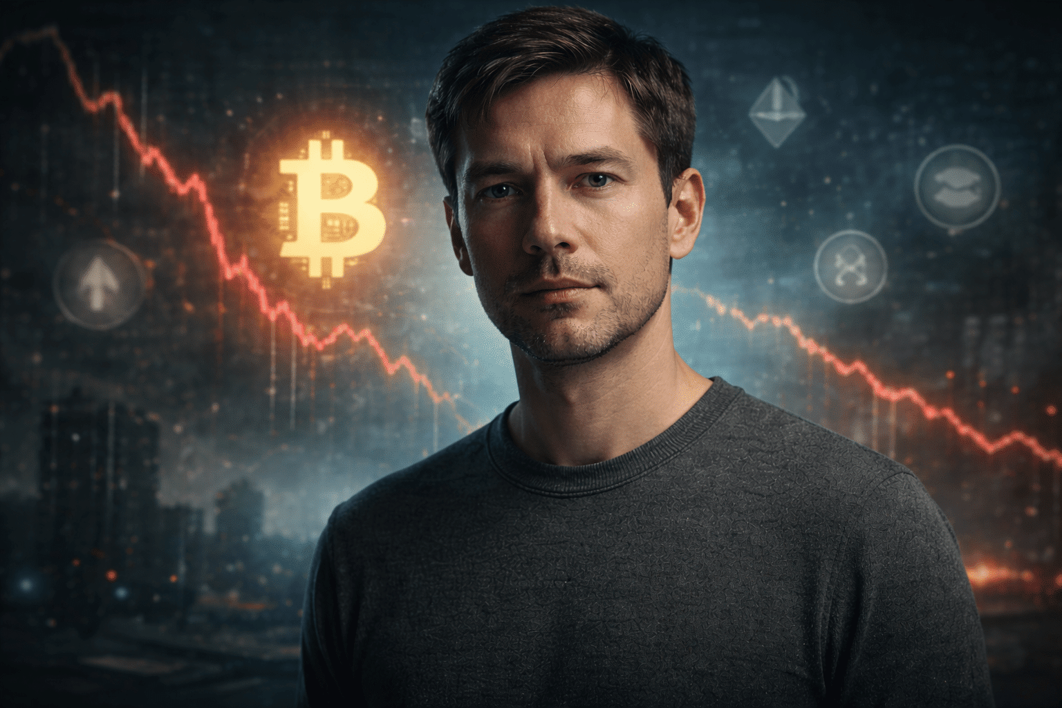 Nachdenkliche Person in neutraler Kleidung blickt direkt in die Kamera, im Hintergrund fallende Krypto-Charts und schwache Altcoin-Symbole, während ein leuchtendes Bitcoin-Symbol Stabilität in einer düsteren Finanzlandschaft symbolisiert.
