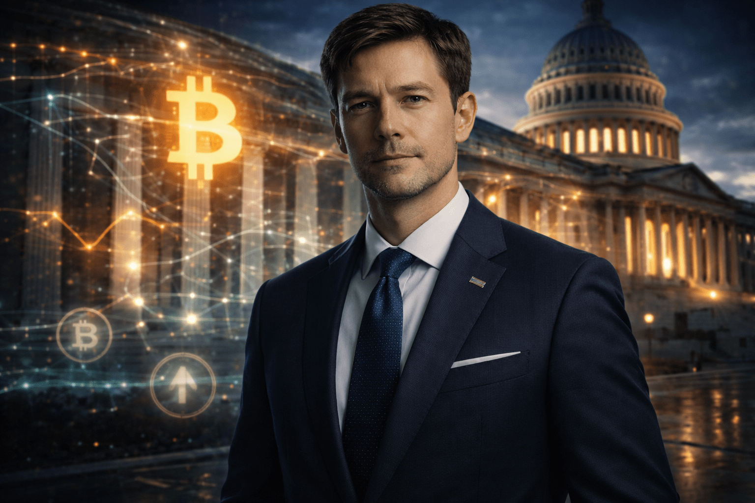 Amerikanischer Politiker im Anzug steht vor einem Regierungsgebäude, während leuchtende Bitcoin Symbole und digitale Blockchain Netzwerke den Hintergrund durchziehen und regulatorischen Wandel symbolisieren.