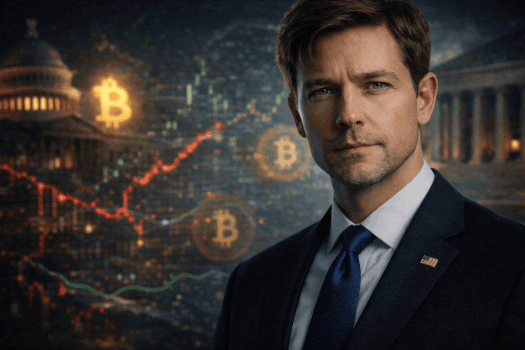 Hyperrealistisches Porträt einer präsidial wirkenden Person im Anzug, die ruhig in die Kamera blickt, vor einer Washington-D.C.-Kulisse mit dezenten Bitcoin-Symbolen und Finanzcharts im Hintergrund, symbolisiert politische Einflussnahme auf Kryptomärkte.