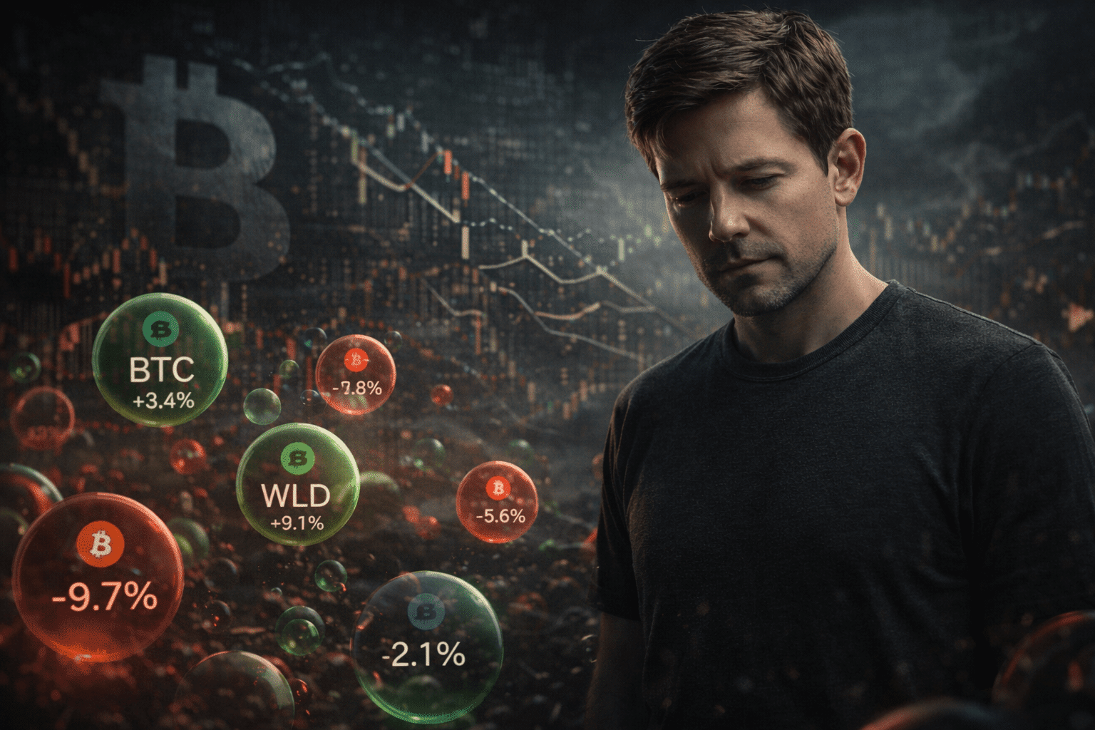 Düsteres, fotorealistisches Krypto Marktszenario mit einer nachdenklichen Person im Vordergrund, umgeben von grünen und roten Krypto Bubbles, fallenden Charts und einem schattenhaften Bitcoin Symbol im Hintergrund.