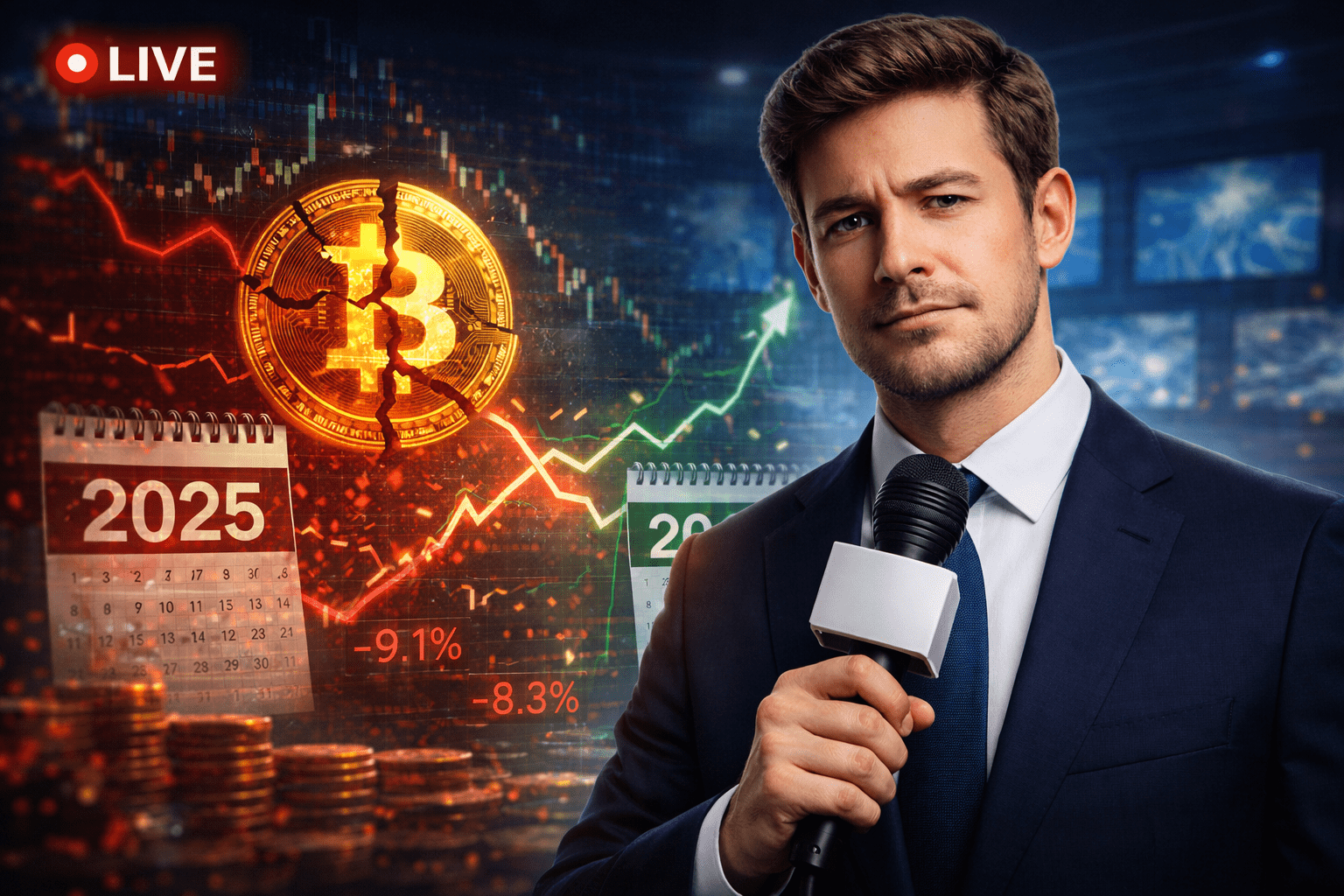 Finanzanalyst mit Mikrofon vor einem geteilten Bitcoin Symbol, roten Verlustcharts für 2025 und grünen Aufwärtscharts für 2026, symbolisiert die mögliche Trendwende des Kryptomarktes.