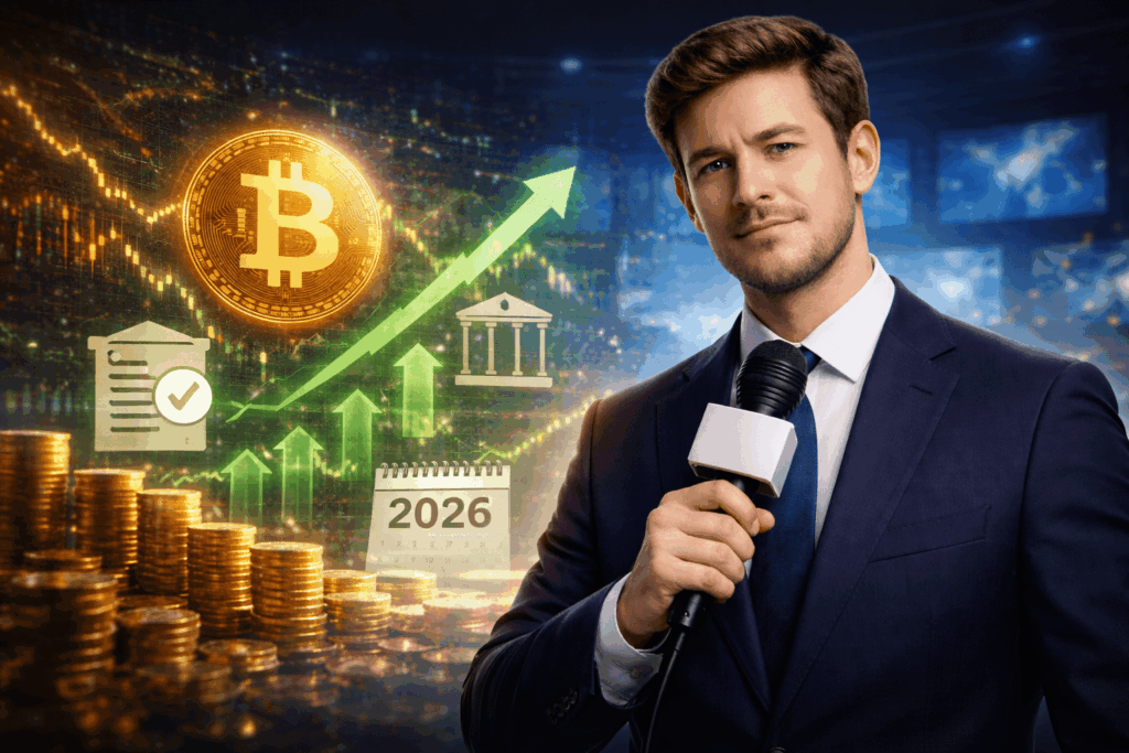 Finanzanalyst in einer Live Krypto Sendung vor digitalen Marktgrafiken, die auf eine positive Veränderung der Rahmenbedingungen für Kryptowährungen Richtung 2026 hindeuten.