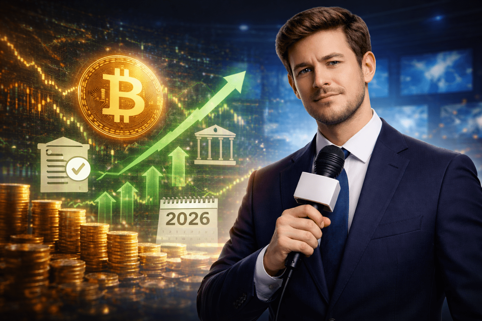 Finanzanalyst in einer Live Krypto Sendung vor digitalen Marktgrafiken, die auf eine positive Veränderung der Rahmenbedingungen für Kryptowährungen Richtung 2026 hindeuten.