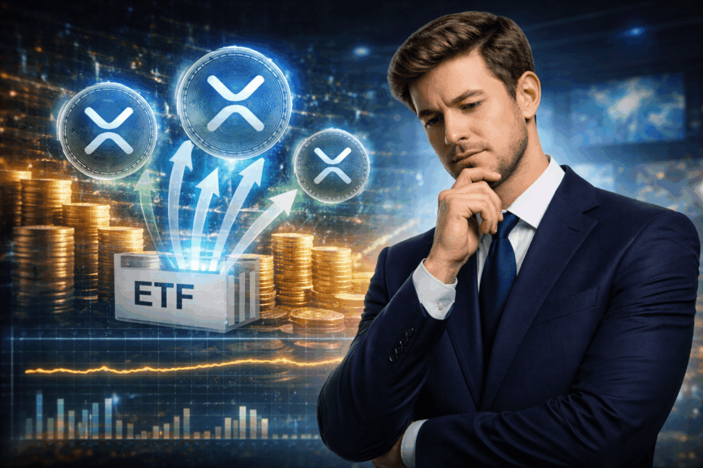 Nachdenkliche Person vor einer digitalen Finanzkulisse mit XRP Symbolen, ETF Datenströmen und ruhigen Kurslinien, die institutionelle Zuflüsse bei gleichzeitig stagnierendem XRP Preis visualisieren.