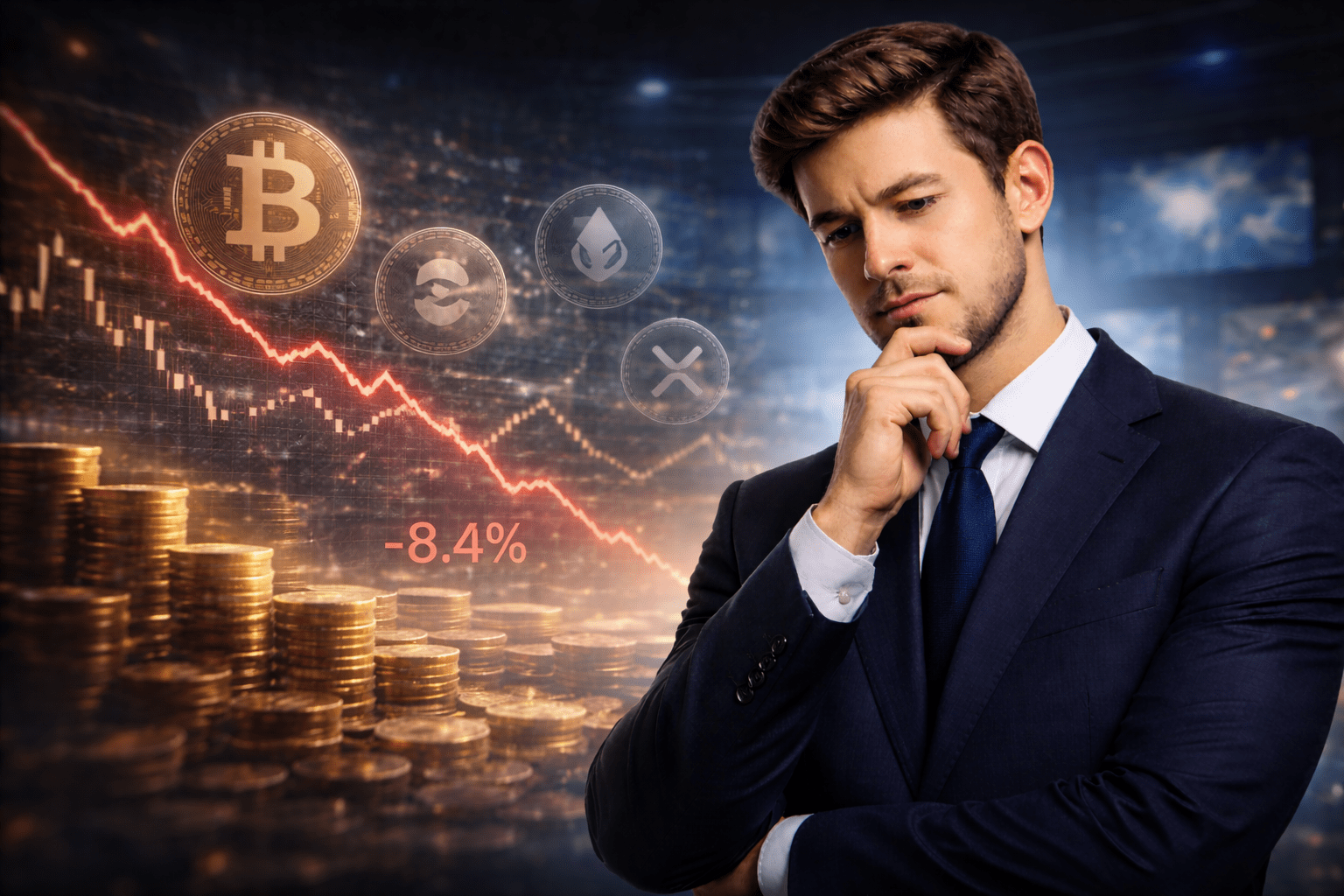 Nachdenkliche Person vor gedämpfter Krypto Marktgrafik mit schwachen Kursen und unscharfen Bitcoin und Altcoin Symbolen, symbolisiert den Rückblick auf ein schwieriges Krypto Jahr 2025