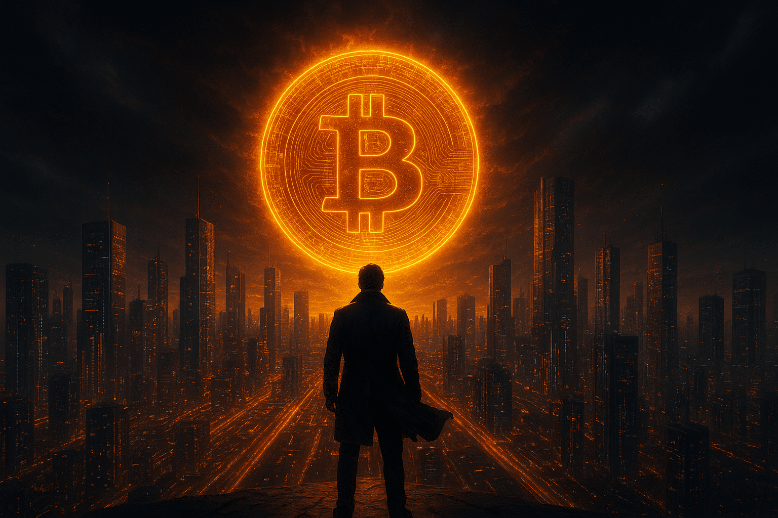 Person auf einem Dach blickt auf eine futuristische Stadt, die von einem riesigen, glühenden Bitcoin-Symbol am Himmel erleuchtet wird; leuchtende Datenströme durchziehen die Skyline, dramatischer Himmel, hyperrealistische Bitcoin-Finanzszene.