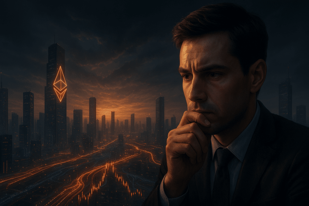 Nachdenkliche Person im Vordergrund blickt über eine futuristische Stadt mit leuchtenden Datenströmen und einem großen Ethereum-Symbol auf einem Hochhaus.