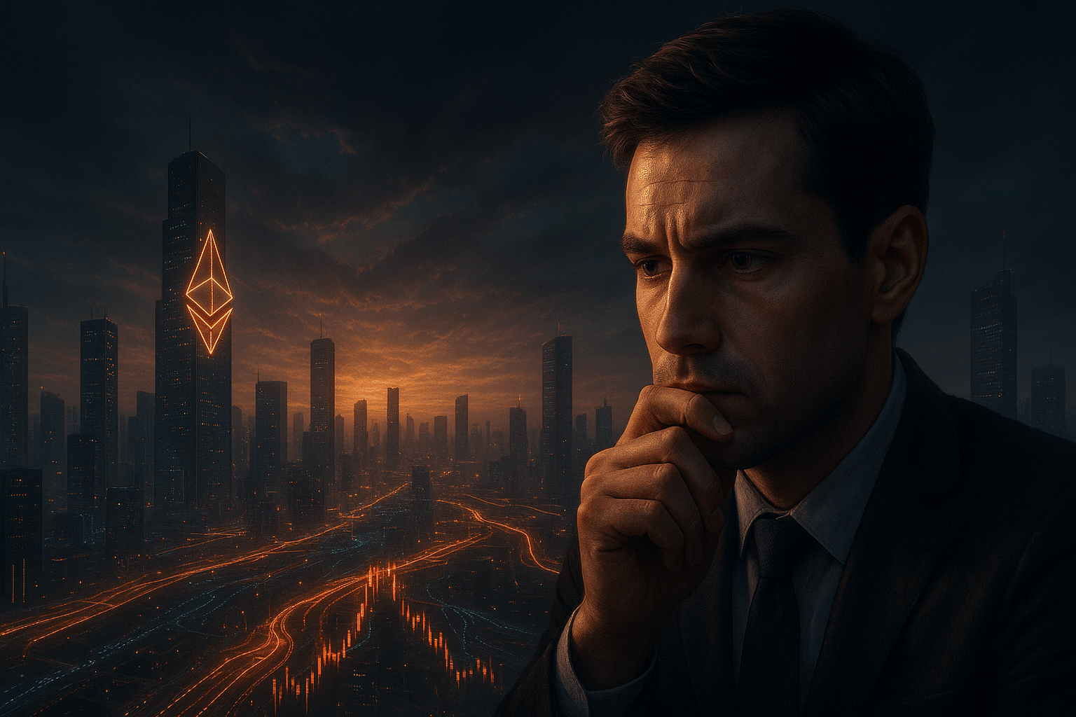 Nachdenkliche Person im Vordergrund blickt über eine futuristische Stadt mit leuchtenden Datenströmen und einem großen Ethereum-Symbol auf einem Hochhaus.