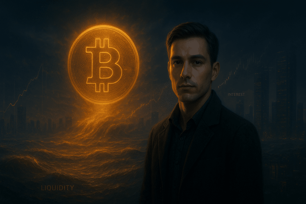 Hyperrealistisches Bild eines jungen Mannes vor einer futuristischen Stadt, über der ein riesiges leuchtendes Bitcoin Symbol schwebt. Goldene Liquiditätswellen und holografische Finanzdaten visualisieren globale Geldflüsse aus China und den USA.