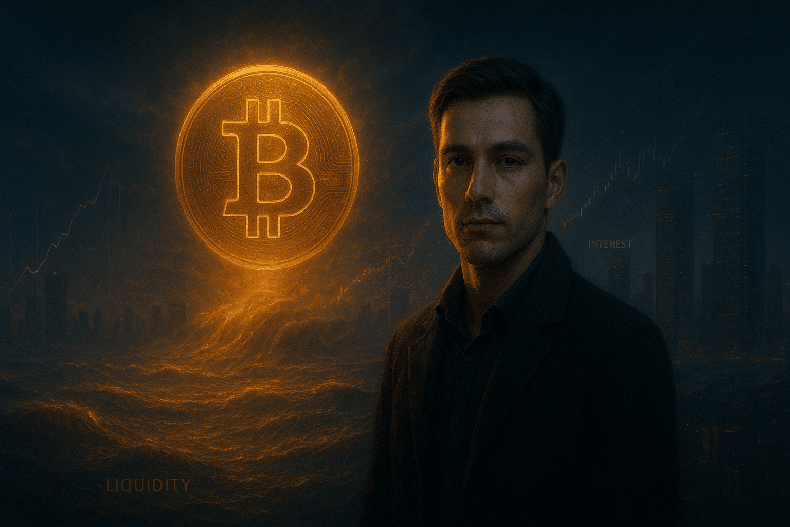 Hyperrealistisches Bild eines jungen Mannes vor einer futuristischen Stadt, über der ein riesiges leuchtendes Bitcoin Symbol schwebt. Goldene Liquiditätswellen und holografische Finanzdaten visualisieren globale Geldflüsse aus China und den USA.