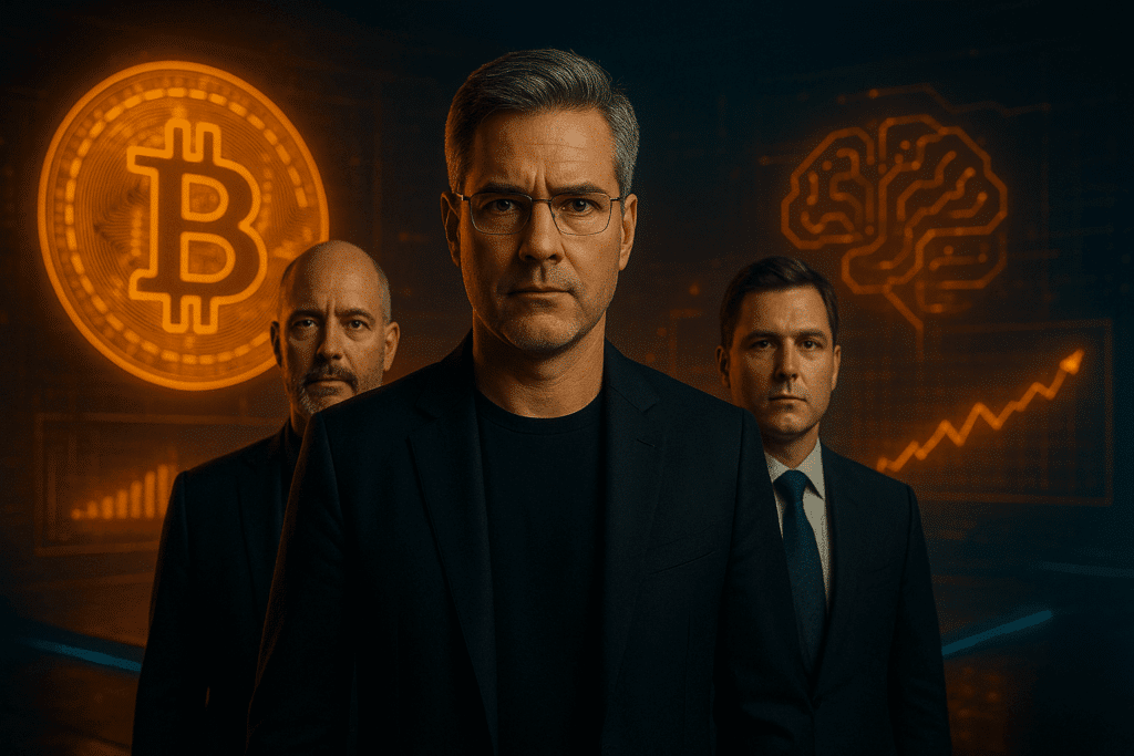 Drei Männer in dunkler Kleidung stehen vor einer futuristischen Wand aus leuchtenden Bitcoin- und KI-Symbolen. Der vordere Mann blickt direkt in die Kamera, die beiden anderen stehen leicht dahinter. Warmes Orange und kühles Blau beleuchten die Szene.