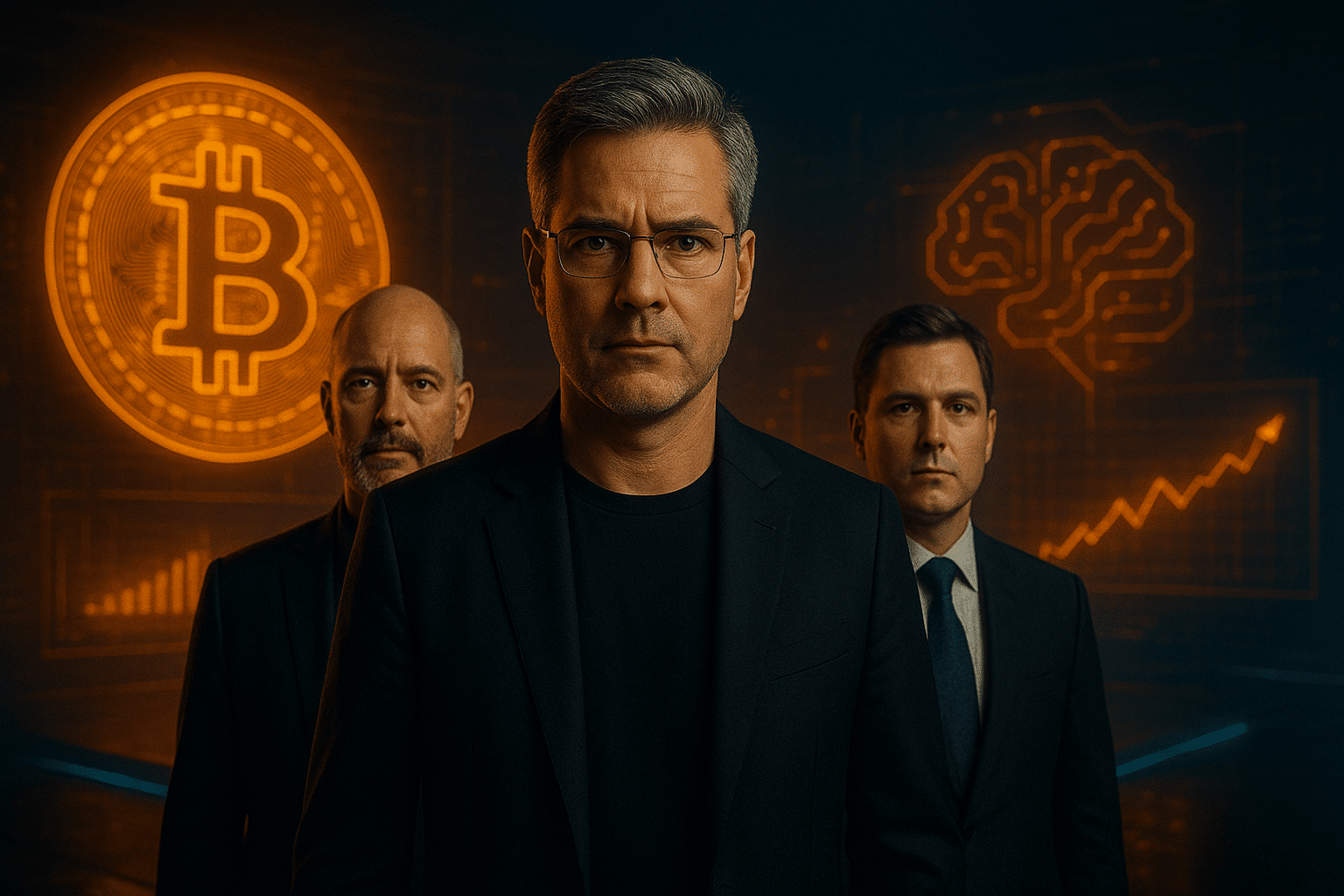 Drei Männer in dunkler Kleidung stehen vor einer futuristischen Wand aus leuchtenden Bitcoin- und KI-Symbolen. Der vordere Mann blickt direkt in die Kamera, die beiden anderen stehen leicht dahinter. Warmes Orange und kühles Blau beleuchten die Szene.