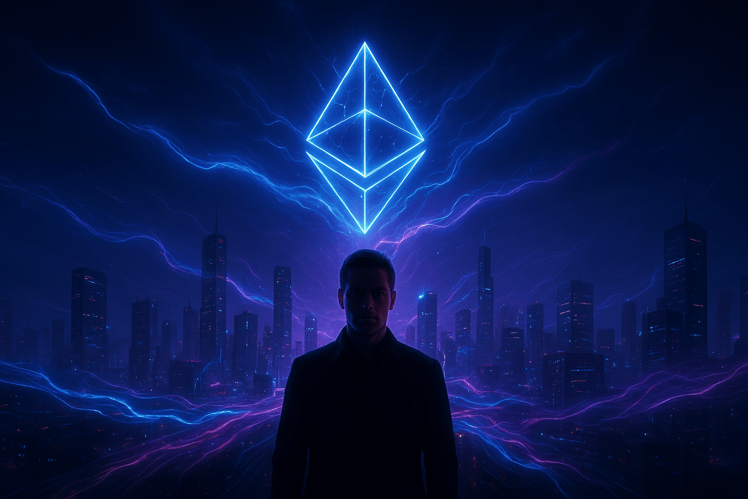 Silhouette einer einzelnen Person vor einer futuristischen nächtlichen Stadt mit blau-violetten Energieflüssen und einem großen leuchtenden Ethereum Symbol am Himmel.