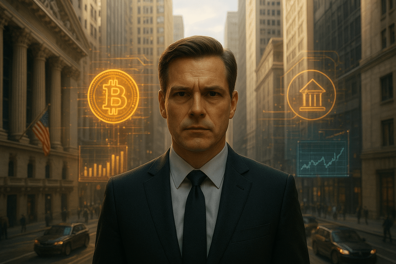 Person in Business-Kleidung steht im hell erleuchteten Wall-Street-Umfeld, umgeben von holografischen Symbolen für Bitcoin, Banken und digitale Marktcharts vor futuristischen Gebäuden.