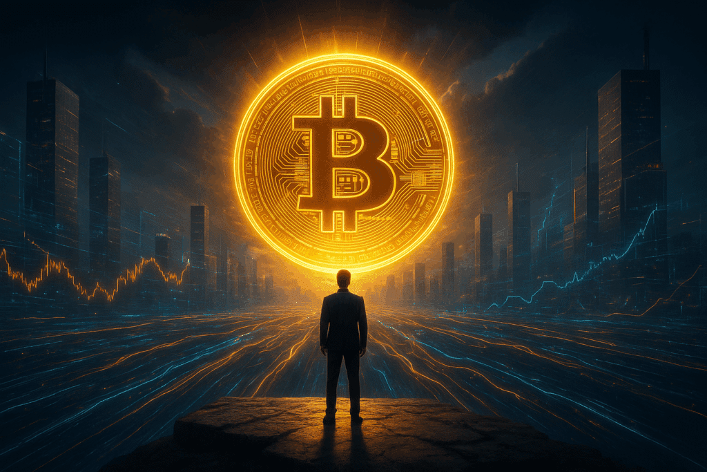 Person steht vor einer futuristischen Stadt im Abendlicht, während ein riesiges goldenes Bitcoin Symbol wie eine Sonne über der Skyline schwebt und leuchtende Datenströme durch die Landschaft fließen.