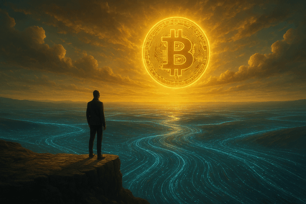 Person auf einem Felsvorsprung, vor sich eine Landschaft voller leuchtender Datenströme und ein strahlendes digitales Wertsymbol am Himmel, kombiniert mit futuristischen Marktsignalen und Anspielungen auf das Trading-Jahr 2026.