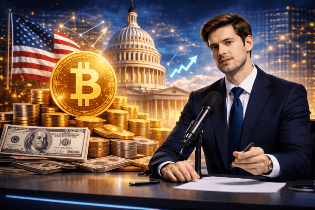 Hyperrealistische Szene eines Finanzanalysten vor dem US-Kapitol mit Bitcoin-Symbol, Goldmünzen und US-Dollar, die eine mögliche staatliche Bitcoin-Reserve und den Einstieg der USA in Kryptowährungen symbolisiert.